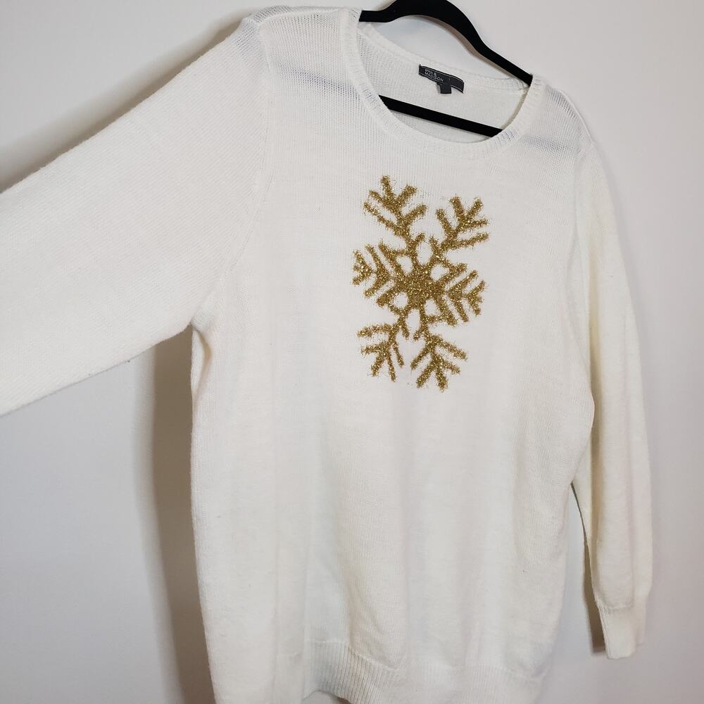 89th & Madison Festive Holiday Gold Snowflake Crewneck Sweater Fuzzy White Sz 1x